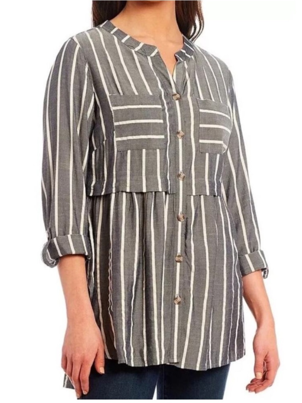 John Mark Stripe Button Front Tunic Top